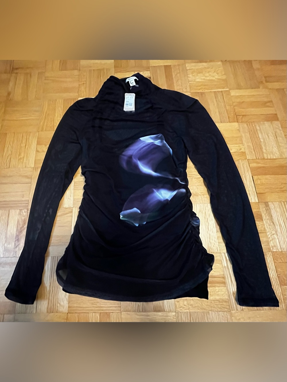 NWT- RW&CO. Black Sheer high neck Top w Purple Floral Print and shirred details
